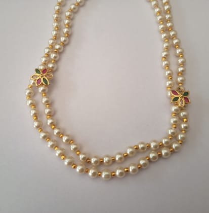 Pearl and Gold Beaded Chain Necklace with Floral Pendants