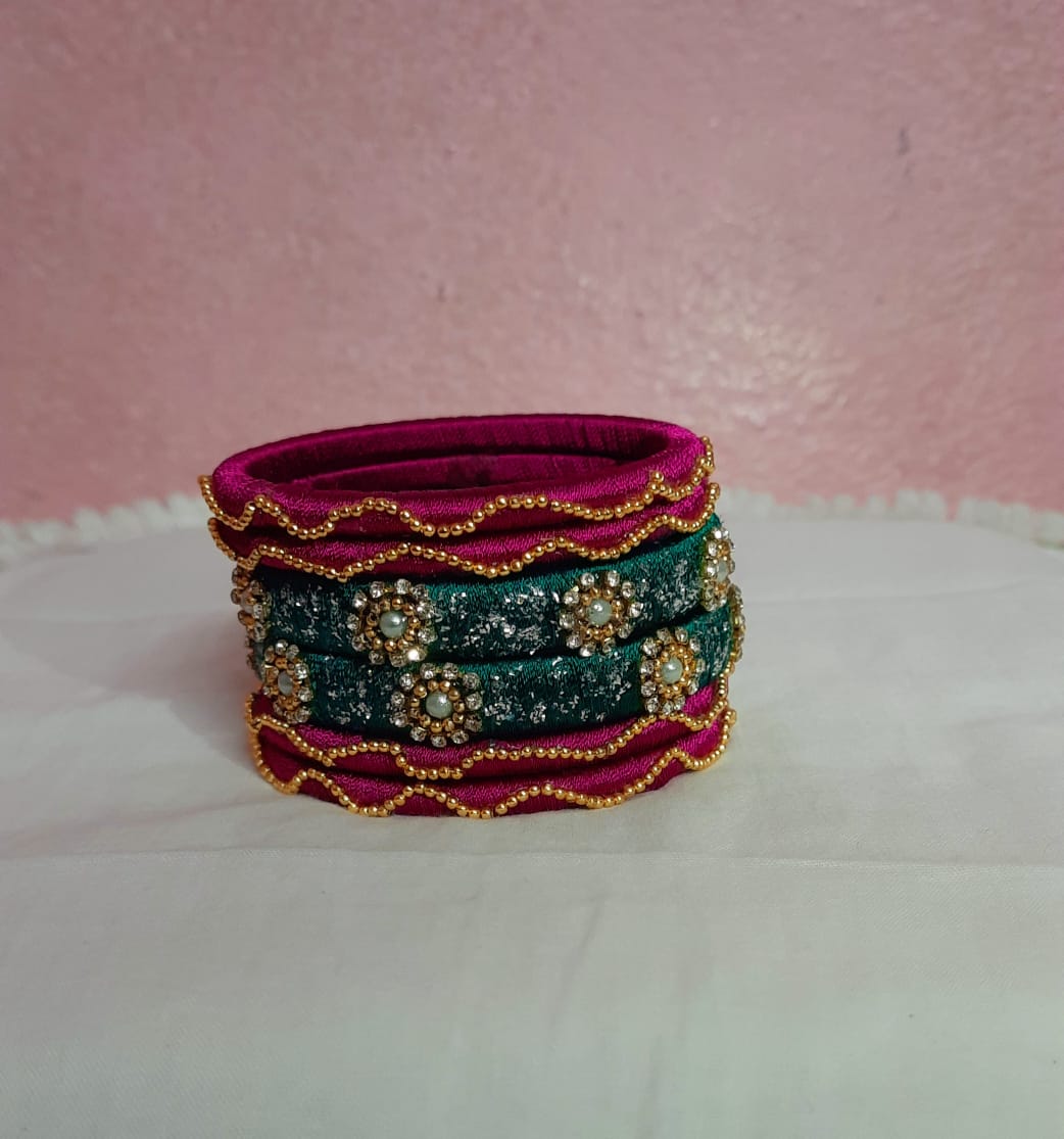 Set of 4 Silk Thread Bangles with Stone and Pearl