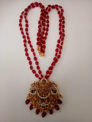 oxidized finish temple pendant with red beads chain
