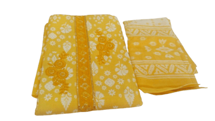 Yellow and White Floral Embroidered Cotton Suit with Chiffon Dupatta
