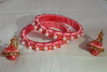 Pink Silk Thread Bangle Set with Pearl