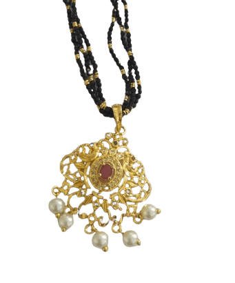 Gold Plated Black Beads Pendant Set with Ruby Stone and Pearls Online