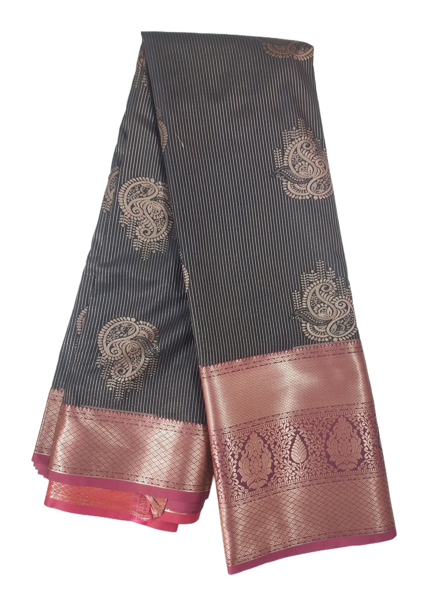 Black and Gold Traditional Indian Saree with Floral Brocade Border