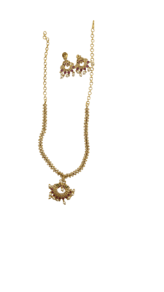 Gold-plated traditional Indian necklace set with intricate detailing and pearl drops, perfect for special occasions Gold-plated traditional Indian necklace set with intricate detailing and pearl drops, perfect for special occasions