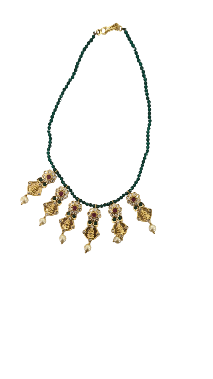 oxidized gold plated traditional necklace set with green beads