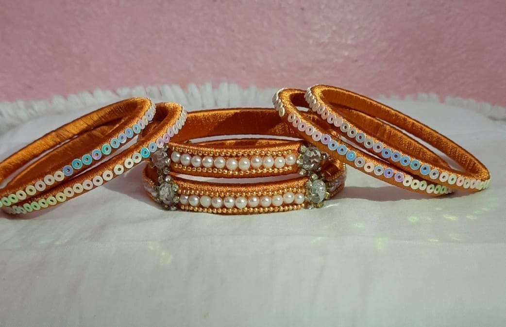 Orange Silk Thread Bangle Set with Pearl