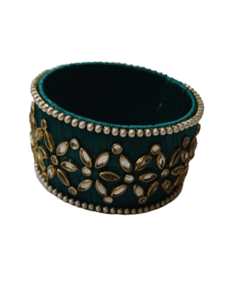Green Silk Thread Bangle with Kundan and Pearl Embellishment