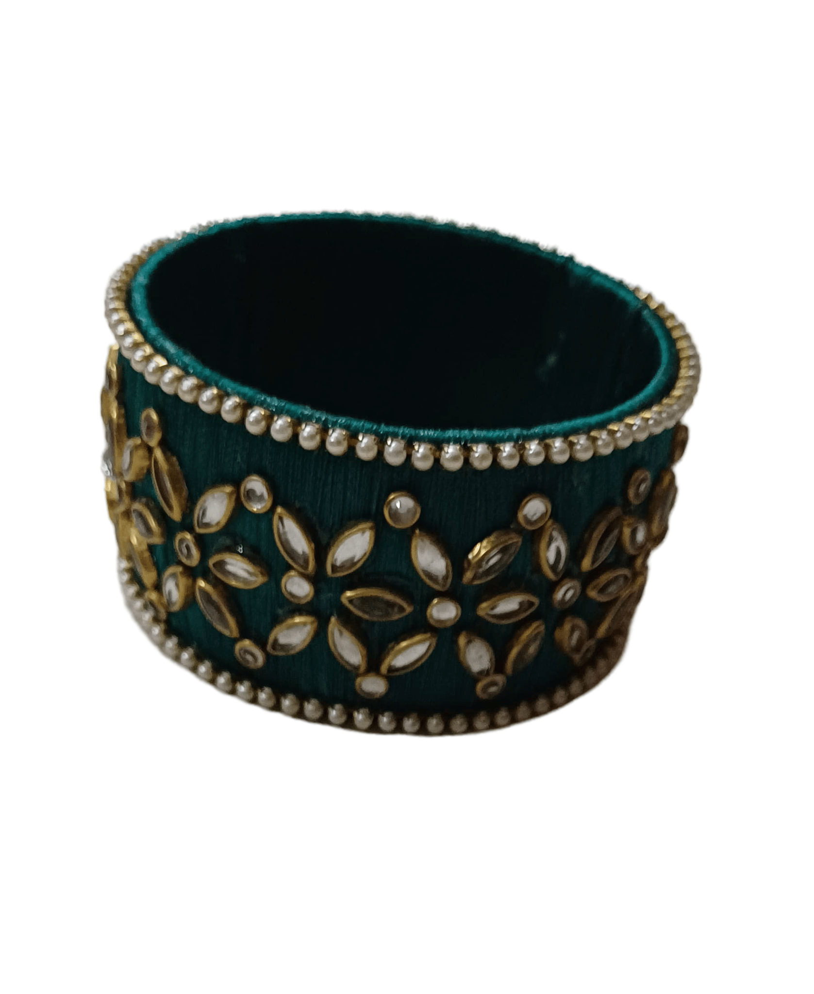 Green Silk Thread Bangle with Kundan and Pearl Embellishment