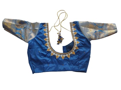 Blue blouse with intricate zari and pearl embroidery work