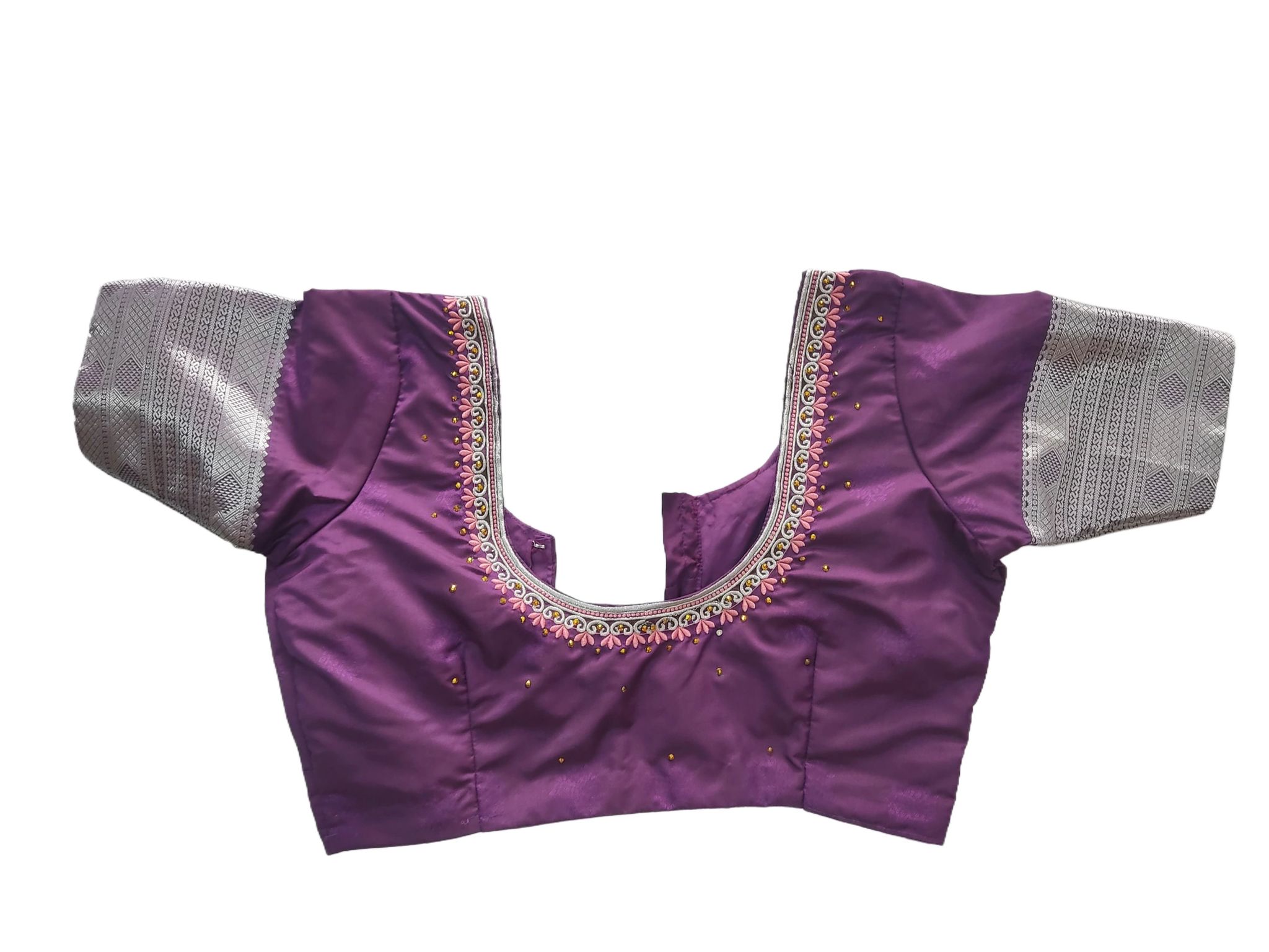 Purple Silk Saree Blouse with Silver Embroidery and Beadwork