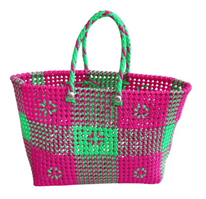 Handwoven Market Tote Bag with Bright Pink and Green Colors