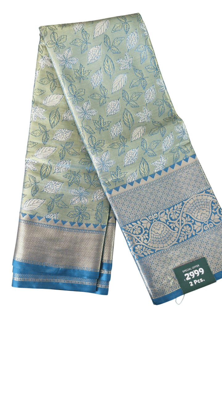 Green and Blue Leaves Pattern Brocade Jacquard Fabric Saree with 6 meters