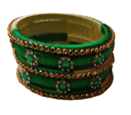 Green Silk Thread Bangle Set with Rhinestone Accents