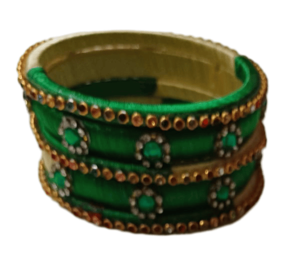 Green Silk Thread Bangle Set with Rhinestone Accents