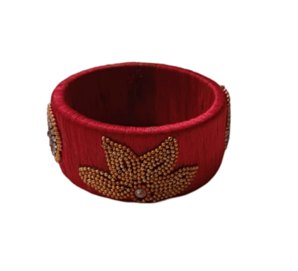 Red Silk Thread Bangle with Lotus Motif and Stone Work