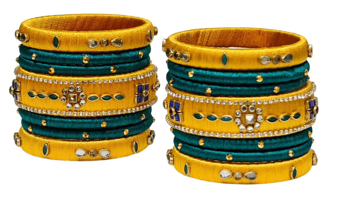 Green and Yellow Silk Thread Bangles with Stone and Pearl Embellishment