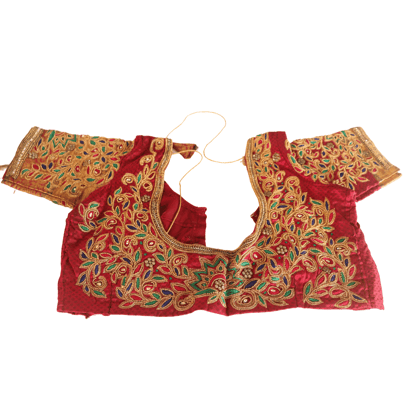 Red and gold embroidered silk blouse with intricate floral designs