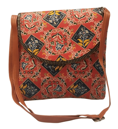 Red and Blue Floral Embroidered Sling Bag with Adjustable Strap