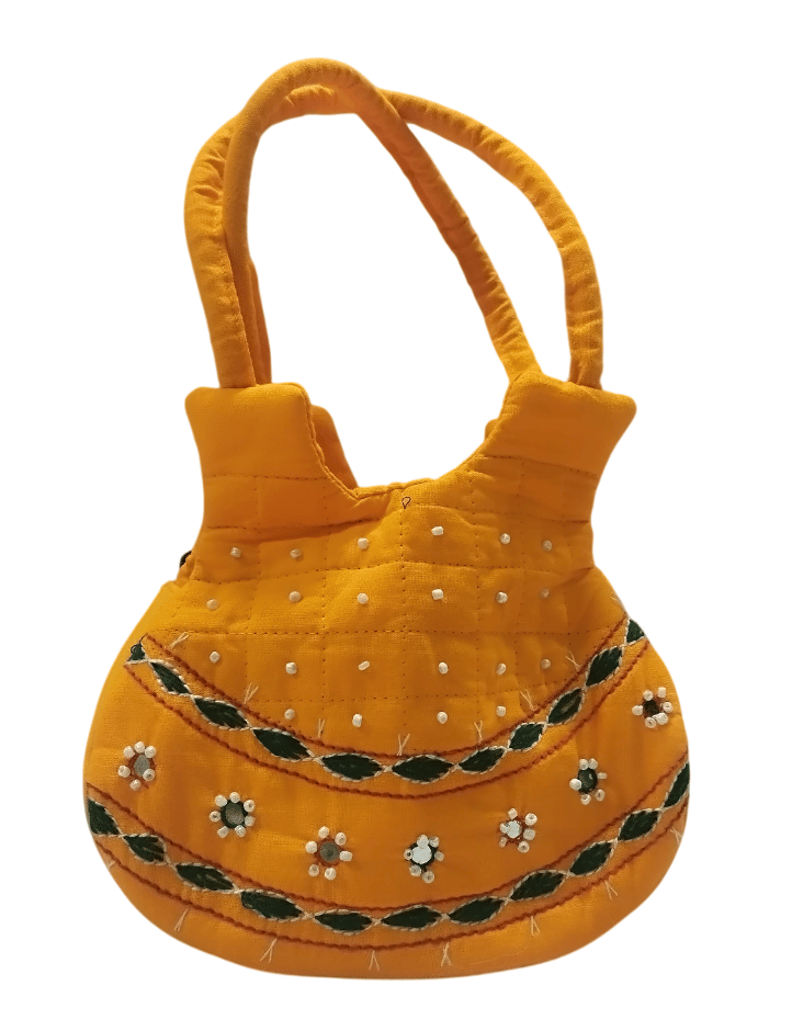 Hand Embroidered Yellow Potli Bag with Mirror Work and Green Border