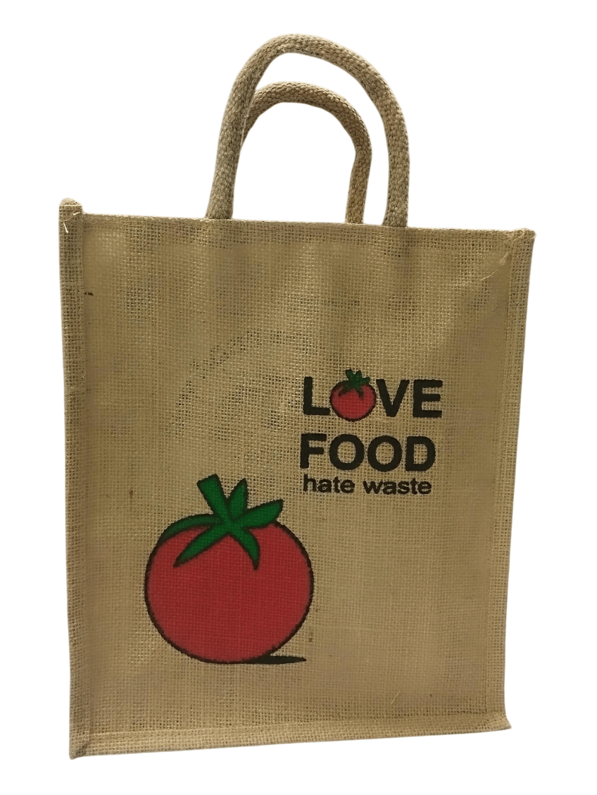 Love Food Hate Waste printed on a stylish and sturdy jute tote bag