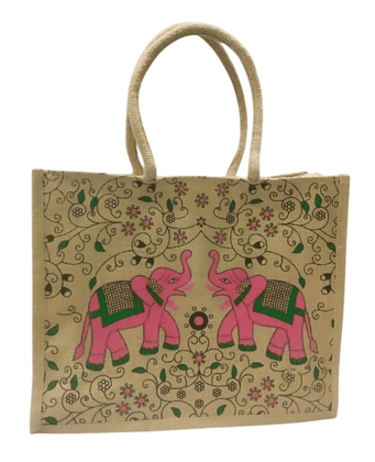 Hand-Painted Jute Tote Bag with Pink Elephants