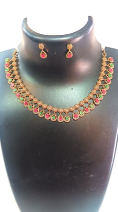 Buy Kundan Gold Plated Green & Pink Stone Necklace Set With Earrings For Women Online