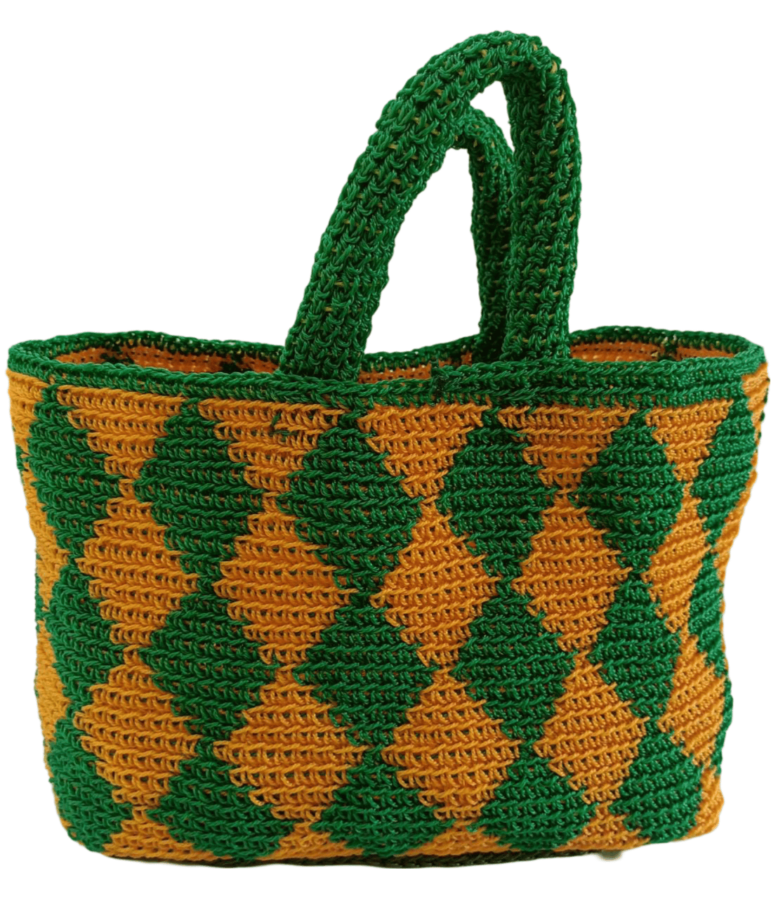 Green and Yellow Handknitted Bag with Chevron Pattern