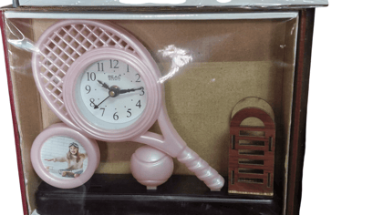Pink Tennis Racket Table Clock with Photo Frame and Tennis Ball