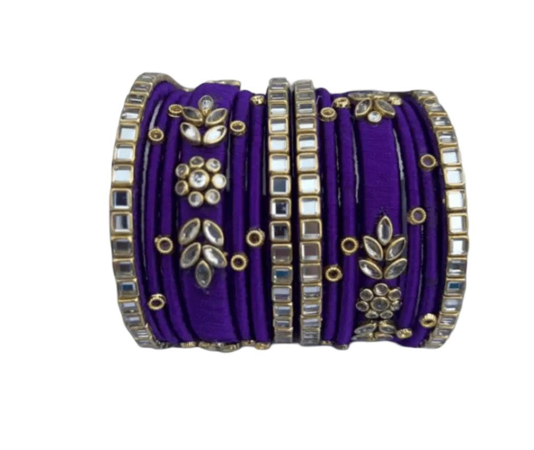 Purple Silk Thread Bangle Set with Kundan and Pearl Embellishment for Women and Girls (Set of 12)