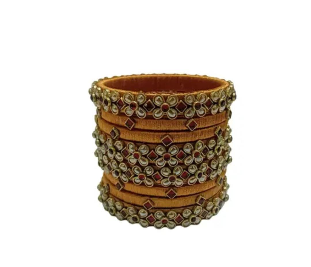 Set of 8 Silk Thread Bangles with Stone and Pearl Embellishment in Golden Yellow