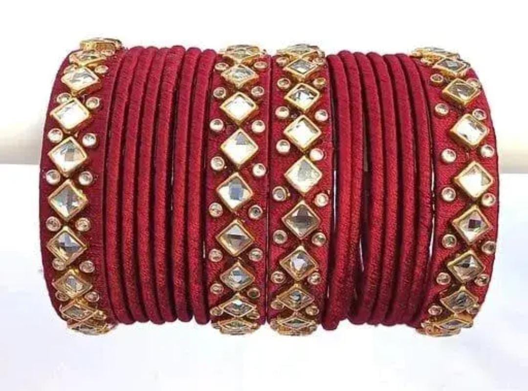 Silk Thread Bangles Set of 12, Maroon Color with Stone Work