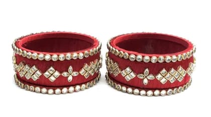 Red and White Silk Thread Bangles with Kundan Stones for Women