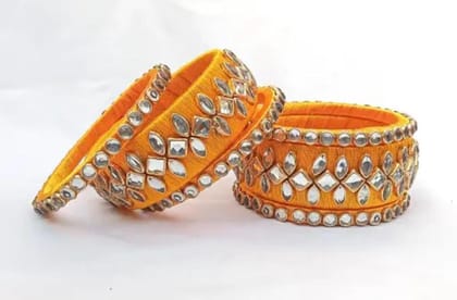 Yellow Silk Thread Bangle Set with Kundan Stones for Women Yellow Silk Thread Bangle Set with Kundan Stones for Women