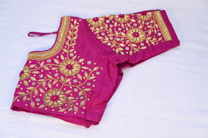 Hand Embroidered Pink Silk Saree Blouse with Zari and Stone Work Hand Embroidered Pink Silk Saree Blouse with Zari and Stone Work