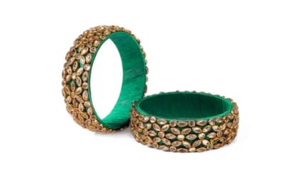 Green Silk Thread Bangle with Kundan Stones