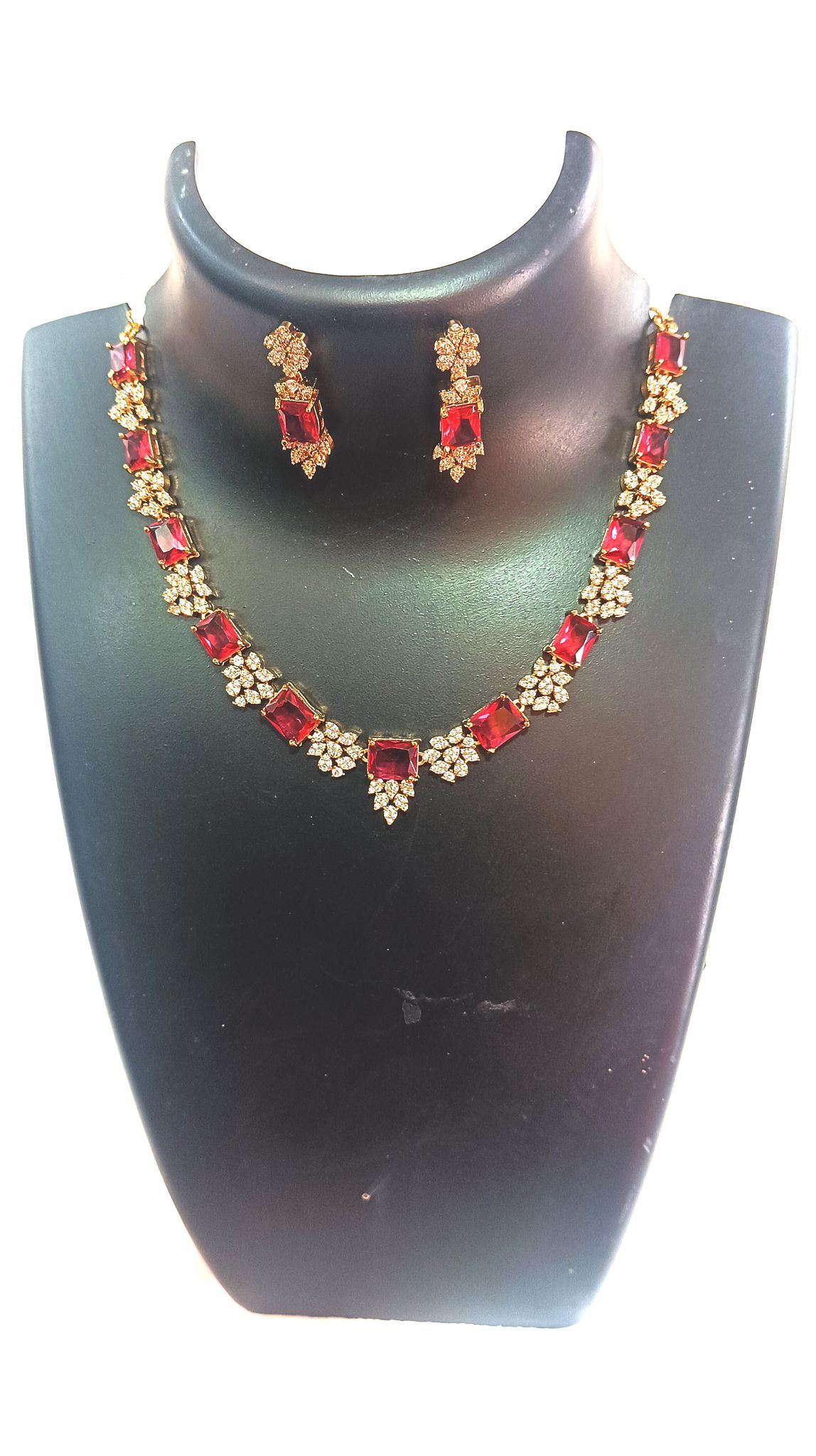 Red and White American Diamond Necklace Set