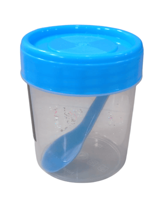 Plastic Food Storage Container with Blue Lid and Spoon