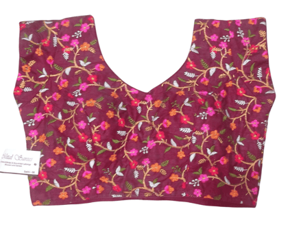 Embroidery Work Saree Blouse | Maroon Color | Floral Design | V-Neck | Short Sleeves | Ready to Wear