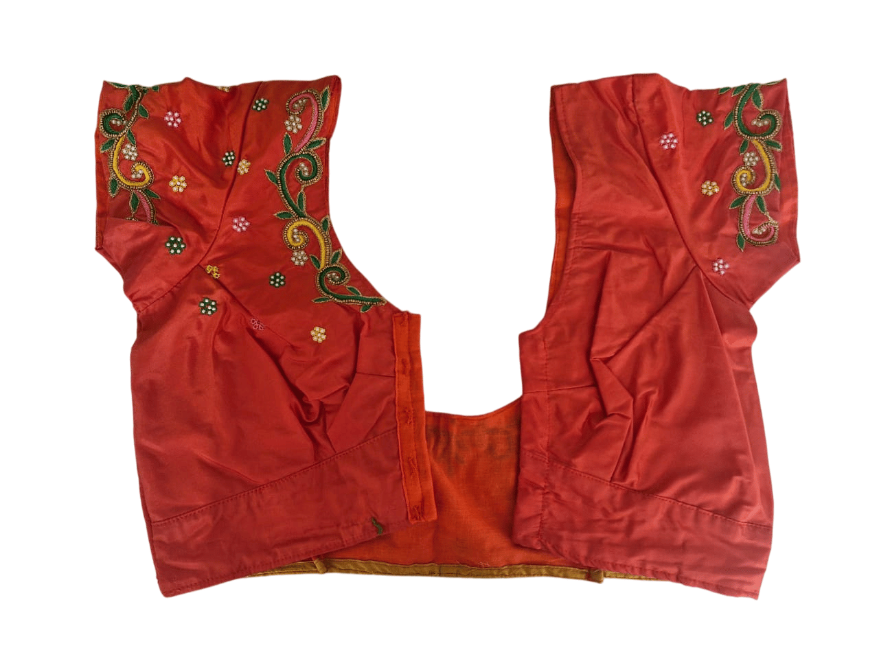 Red and gold embroidered boat neck blouse with elbow length sleeves