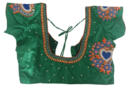 Green blouse with intricate embroidery and mirror work