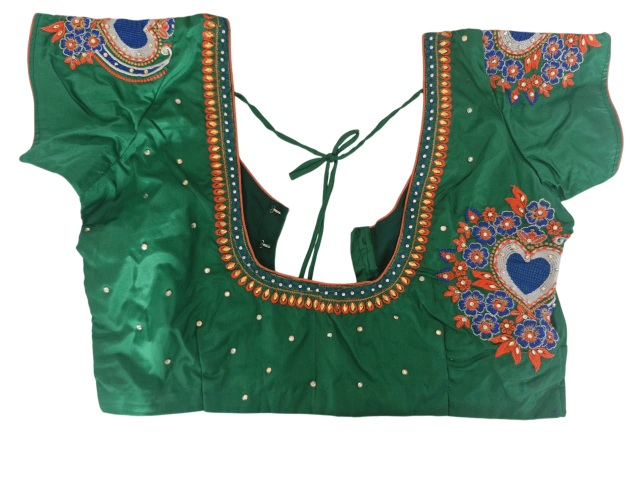 Green blouse with intricate embroidery and mirror work