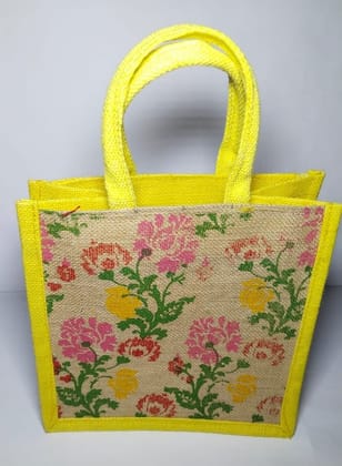 Floral Printed Jute Tote Bag with Yellow Floral Printed Jute Tote Bag with Yellow