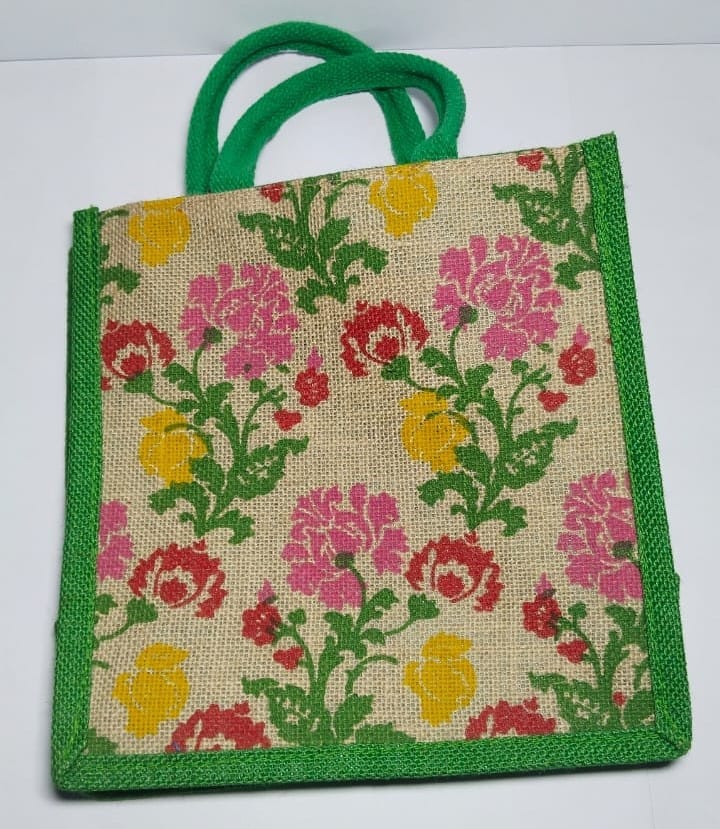 Green Floral Jute Tote Bag