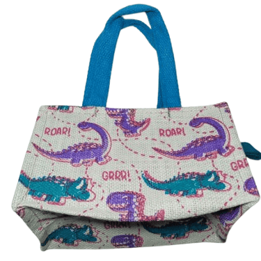 Dinosaur Jute Bag with Blue Handles Dinosaur Jute Bag with Blue Handles