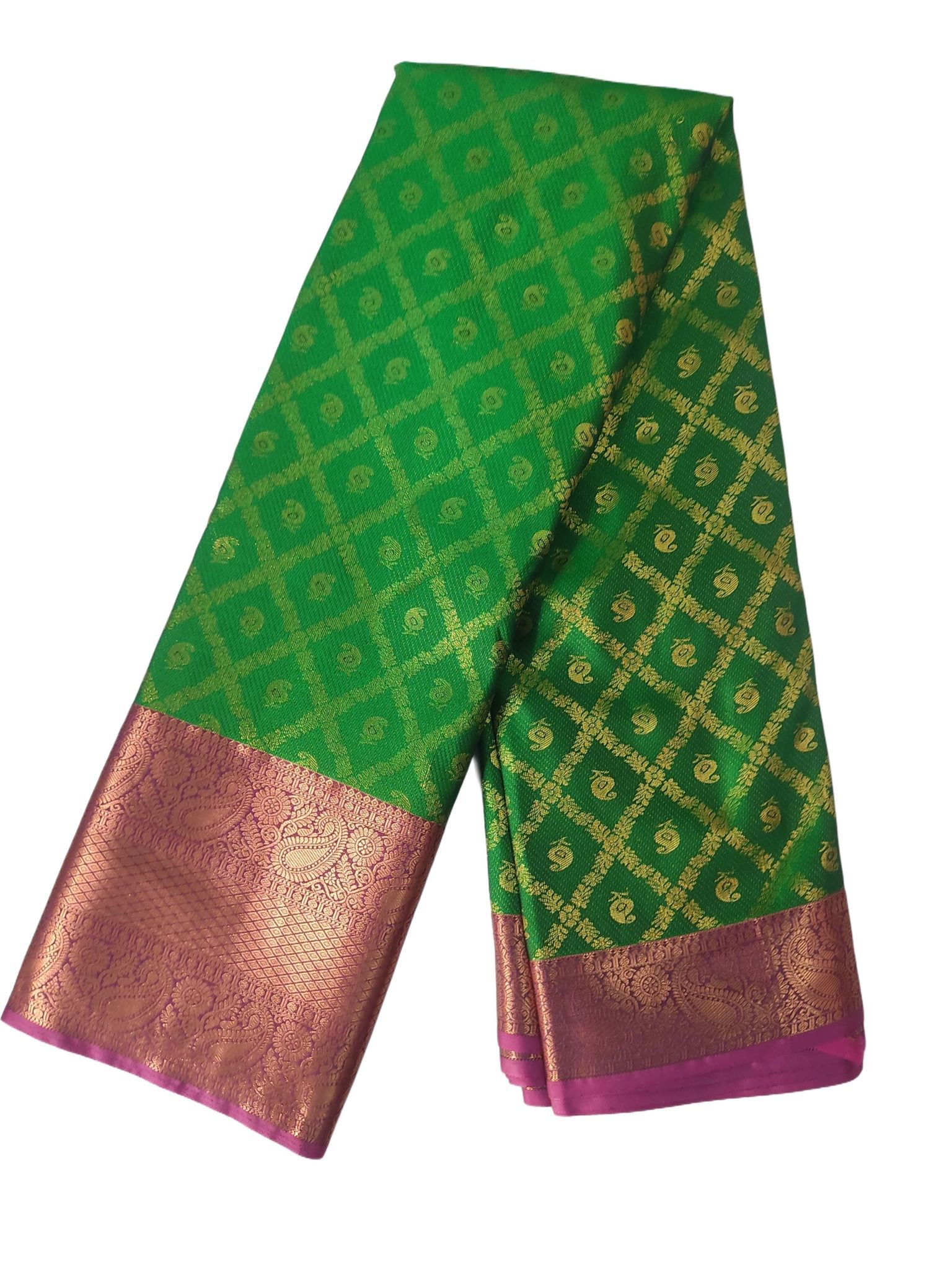 Green and gold zari woven Kanchipuram silk saree with contrast pink border
