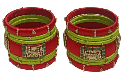 **Red and Green Silk Thread Bangles with Kundan Stones**