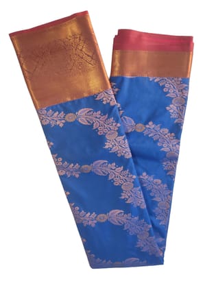 Blue Saree With Golden And Pink Floral Brocade Work Blue Saree With Golden And Pink Floral Brocade Work