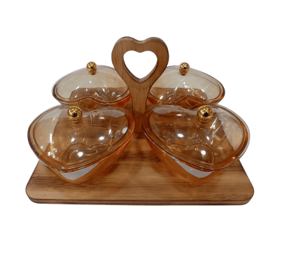 Heart Shaped Glass Bowls with Wooden Holder