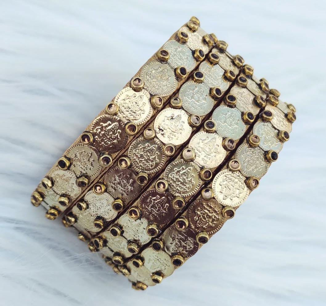Oxidized Gold Plated Coin Bangle Set of 4