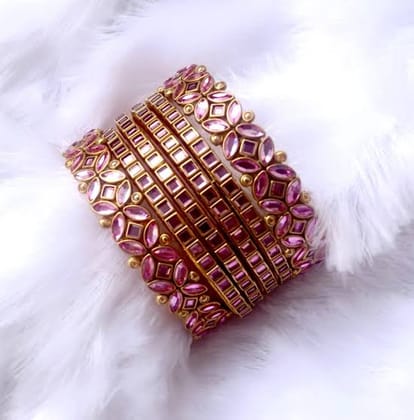 Exquisite Pink Bangle Set with Gold Plating and Stone Detailing